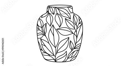 Black and white outline drawing of a decorative vase with an intricate leaf pattern, perfect for coloring.