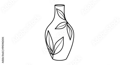 Black and white line art drawing of a decorative vase with an elegant leaf pattern, suitable for holding flowers or as a standalone home decor item.