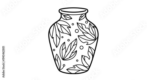 Outline drawing of a decorative ceramic vase adorned with a repeating pattern of stylized leaves and small dots, presented in a simple black and white illustration style.