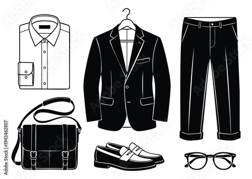 Outline icon set of 6 menswear essentials featuring shirt, blazer, trousers, shoes, bag and glasses for fashion design