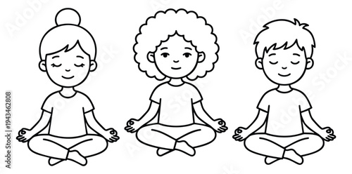 Outline illustration of three diverse characters meditating depicting yoga practice for wellness and mindfulness design