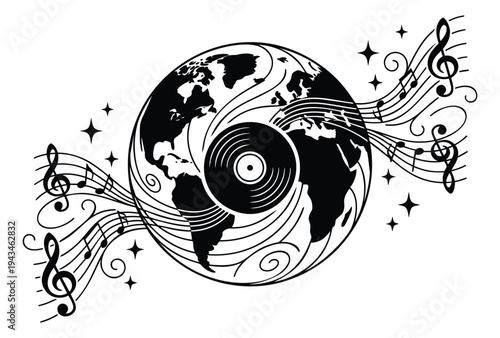Engraving illustration of world globe with vinyl record depicting music and earth harmony for global entertainment design