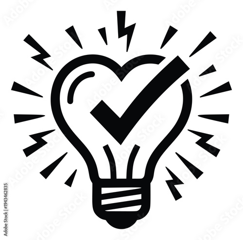 Bold silhouette illustration of light bulb with checkmark depicting idea approval for business and innovation design