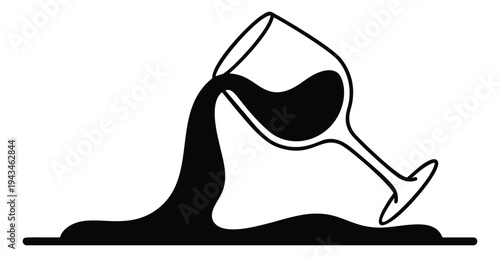 Silhouette illustration of spilled wine glass depicting liquid splash for beverage and accident design