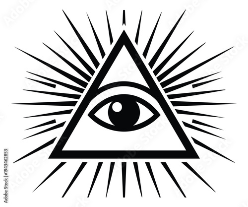 Bold line art illustration of all seeing eye in triangle depicting illuminati symbol with radiating rays for mystical design