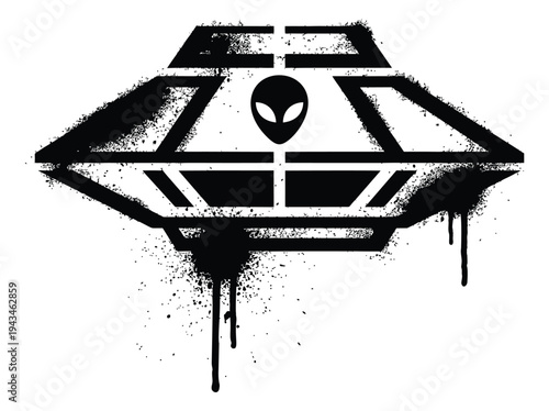 Graffiti style illustration of alien spaceship depicting spray paint drip effect for urban and sci fi design