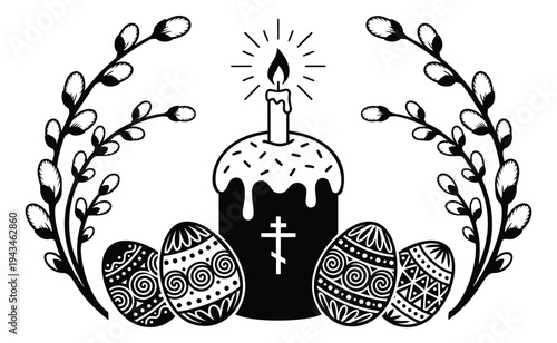 Line art illustration of Easter kulich cake with pussy willow branches and decorated eggs for orthodox holiday design