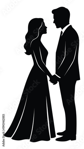 Silhouette illustration of bride and groom couple holding hands depicting elegant formal portrait for wedding design