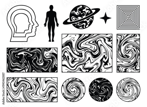 Black and white marble swirl pattern set of 11 featuring liquid abstract textures and geometric elements for modern design