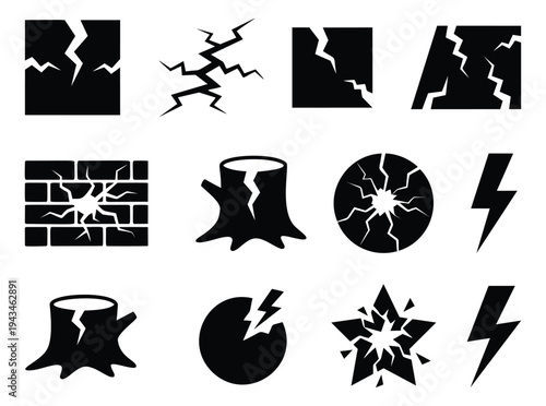 Silhouette icon set of 12 featuring crack, lightning and damage symbols for destruction and impact design