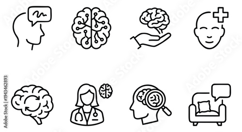 Outline icon set of 8 mental health symbols featuring brain, psychology and therapy concepts for medical design