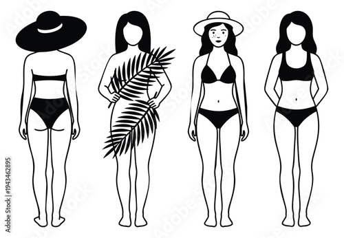 Line art illustration set of 4 women in swimwear featuring diverse poses and summer accessories for fashion design