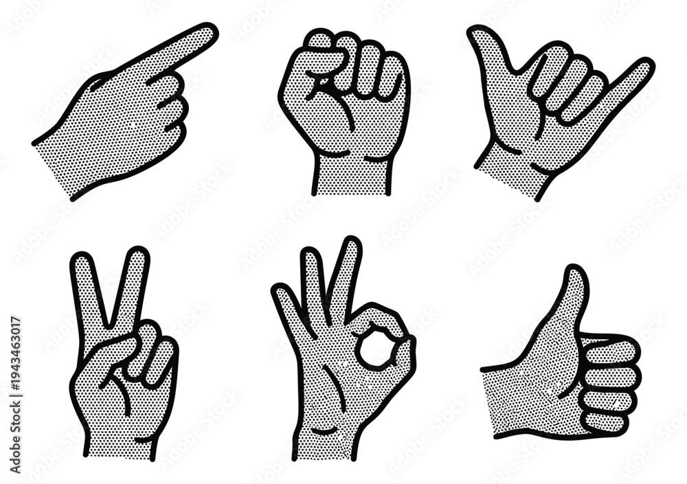 Fototapeta premium Engraving icon set of 6 hand gestures featuring pointing, fist and peace signs for communication design