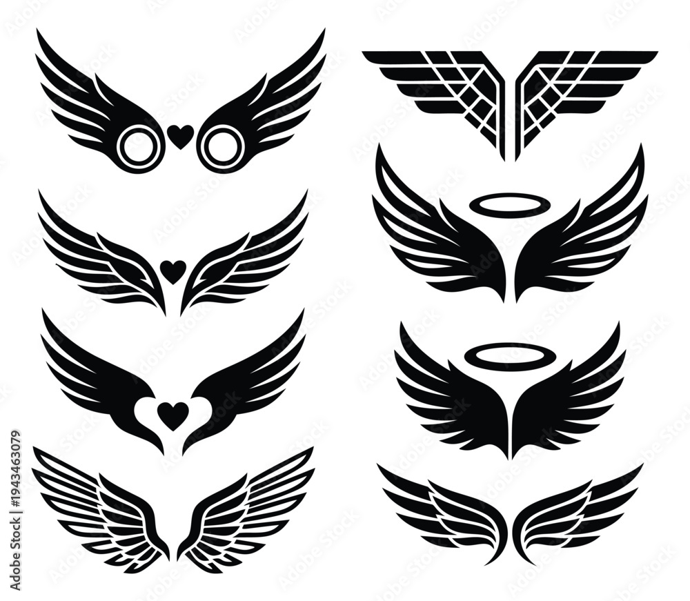 Obraz premium Silhouette icon set of 8 angel wing designs featuring hearts and halos for religious and spiritual branding