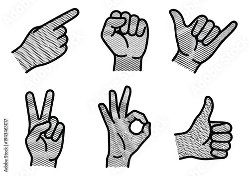 Engraving icon set of 6 hand gestures featuring pointing, fist and peace signs for communication design