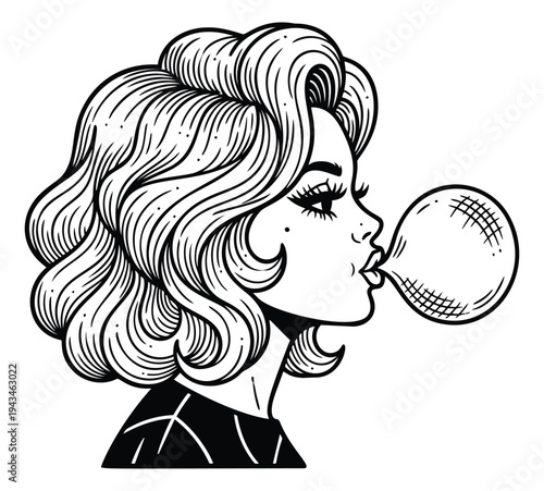 Engraving illustration of woman blowing bubble gum depicting retro pop art style for vintage design