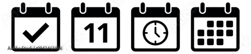 Outline icon set of 4 calendar symbols featuring checkmark, date, clock and grid for scheduling and time management