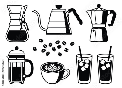 Outline icon set of 7 coffee brewing equipment featuring pour over, kettle and espresso tools for cafe design