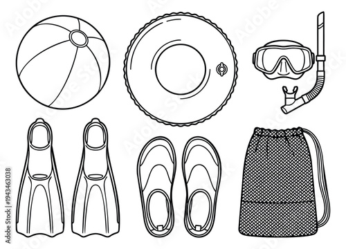 Outline icon set of 7 beach and swimming equipment featuring ball, float ring, snorkel gear, flippers, sandals and bag for summer vacation design