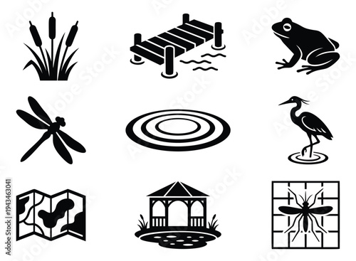 Silhouette icon set of 9 wetland and pond wildlife symbols featuring cattails, dock, frog and heron for nature design