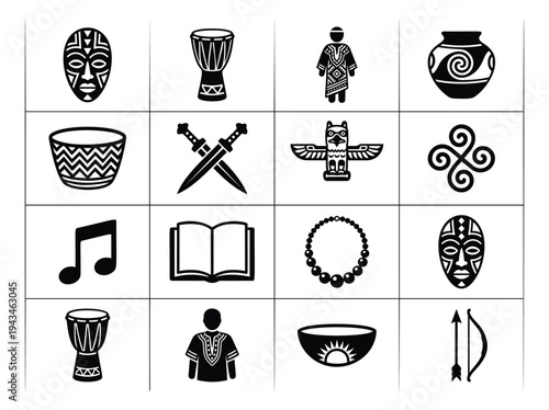 Bold silhouette icon set of 16 featuring African cultural symbols including masks, drums and traditional art for ethnic design