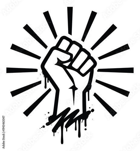 Bold graffiti illustration of raised fist with radiating rays depicting protest and revolution for activism design