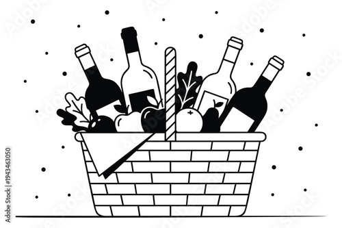 Line art illustration of wicker gift basket filled with wine bottles and gourmet food for holiday and celebration design