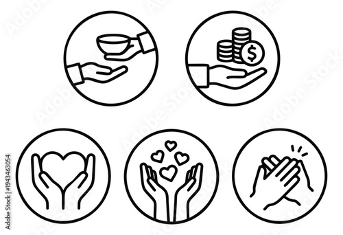 Outline icon set of 5 charity symbols featuring donation, fundraising and community support for nonprofit design