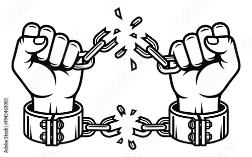 Bold line art illustration of hands breaking chains depicting freedom and liberation for empowerment design