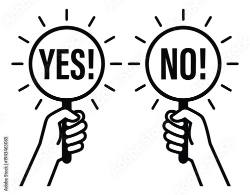 Outline illustration of hands holding yes and no signs depicting voting decision for opinion and choice design