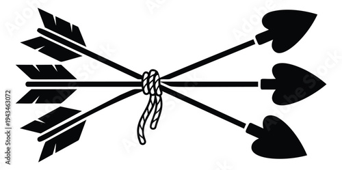 Silhouette illustration of bundled arrows with heart shaped tips depicting love and direction for romantic design