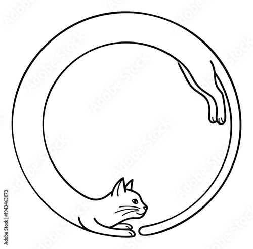Line art illustration of cat in circular frame depicting zen enso calligraphy for minimalist design