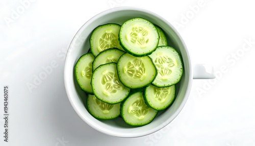 Sliced green cucumbers fill a white bowl from above, highlighting their seeds on a white background