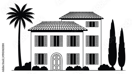 Silhouette illustration of Mediterranean villa depicting tropical landscaping with palm and cypress trees for real estate design