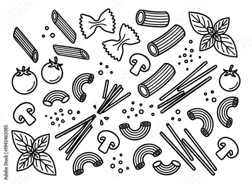 Outline icon set featuring pasta ingredients and Italian cooking elements for culinary and restaurant design