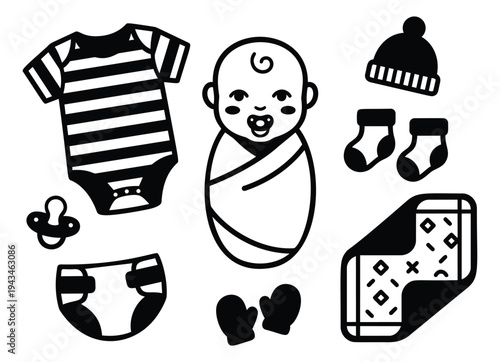 Outline icon set of 8 featuring newborn essentials with onesie, swaddled baby and infant accessories for childcare design