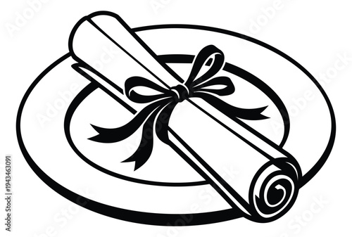Bold line art illustration of rolled diploma with decorative ribbon on oval platter for graduation and achievement design