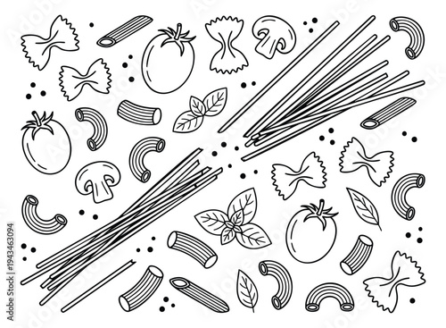Outline icon set featuring pasta varieties, ingredients and Italian food elements for culinary design