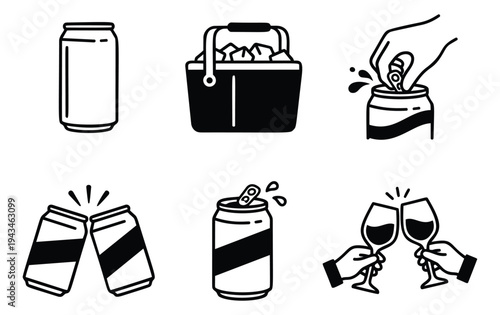 Outline icon set of 6 beverage symbols featuring beer can, cooler and drinking gestures for party design