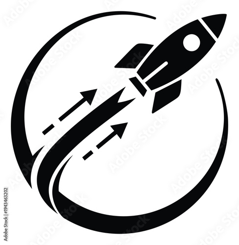Bold silhouette illustration of rocket launch depicting startup concept with circular badge for business and innovation design