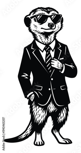 Engraving illustration of meerkat in suit and sunglasses depicting anthropomorphic character for business and fashion design