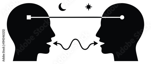 Silhouette illustration of two profiles connected depicting communication and dialogue for psychology and relationship design