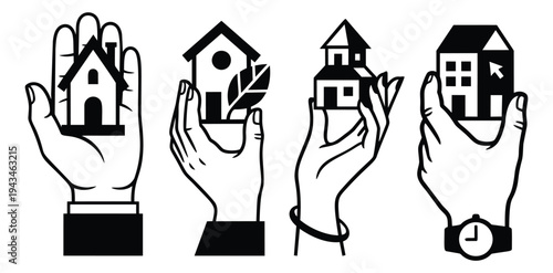 Silhouette icon set of 4 hands holding houses featuring real estate and property ownership concepts for housing design