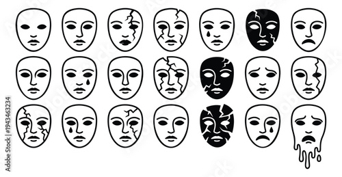 Outline icon set of 21 theatrical masks featuring various emotions and expressions for drama and performance design