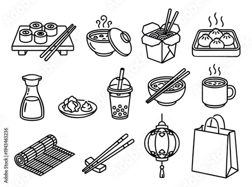 Outline icon set of 12 Asian cuisine symbols featuring sushi, noodles and takeout elements for restaurant design