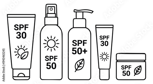 Outline icon set of 5 sunscreen products featuring SPF bottles, tubes and jars with sun protection symbols for skincare design