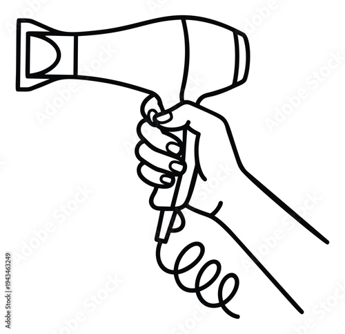 Line art illustration of hand holding hair dryer depicting professional styling tool for beauty and salon design