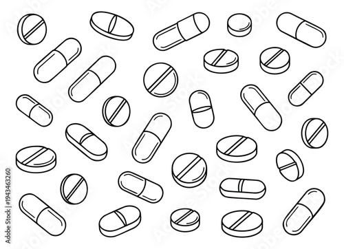 Outline icon set featuring pharmaceutical pills and tablets in various shapes for medical and healthcare design