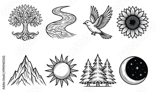 Engraving icon set of 8 nature elements featuring tree, river, bird and sunflower for vintage design