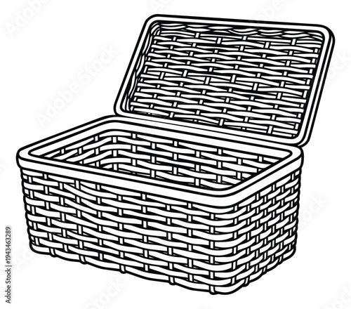 Engraving illustration of open wicker basket depicting woven storage container for vintage and rustic design